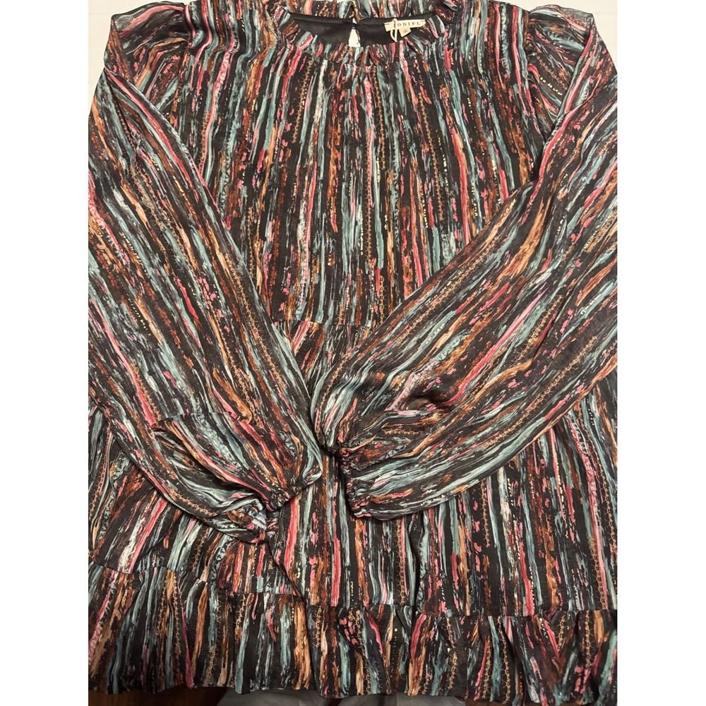 JODIFL Ask You Out Chiffon Dress Women Large‎ Black Multi Metallic Stripe Boho